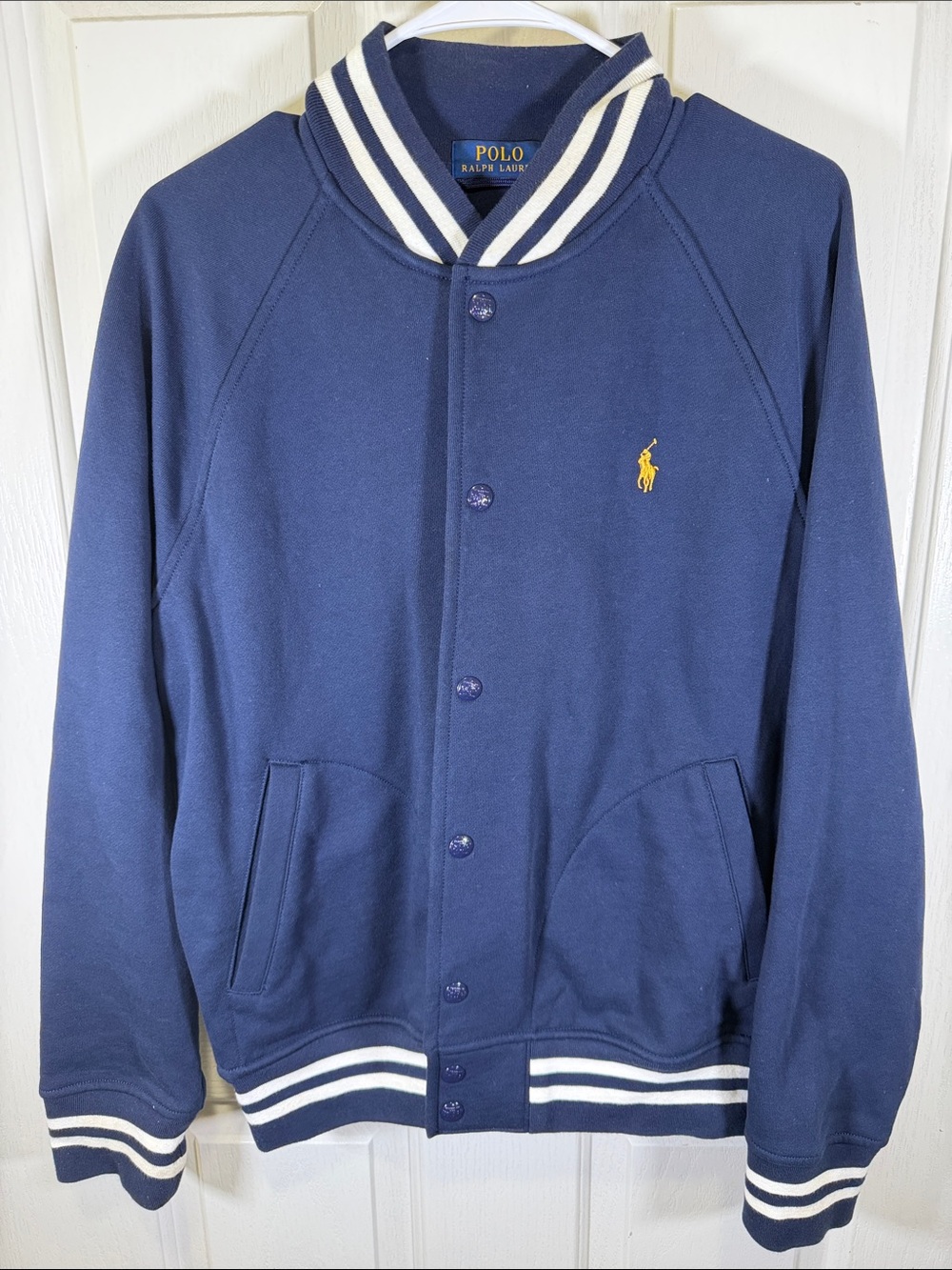 Polo by Ralph Lauren Navy Bomber Jacket with White Striped Trim and Yellow Pony